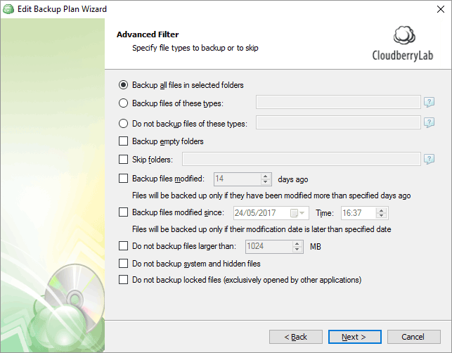 CloudBerry Backup Wizard advanced filter options